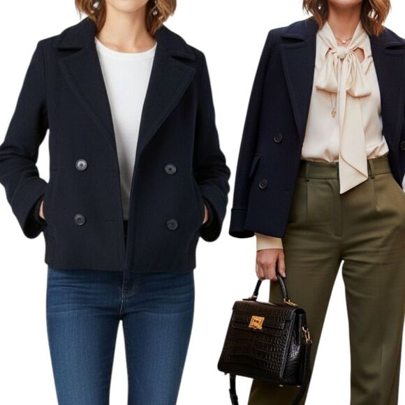 Gap thick Wool blend double breasted bomber coat Indigo Blue sz M bell s… - Picture 1 of 13